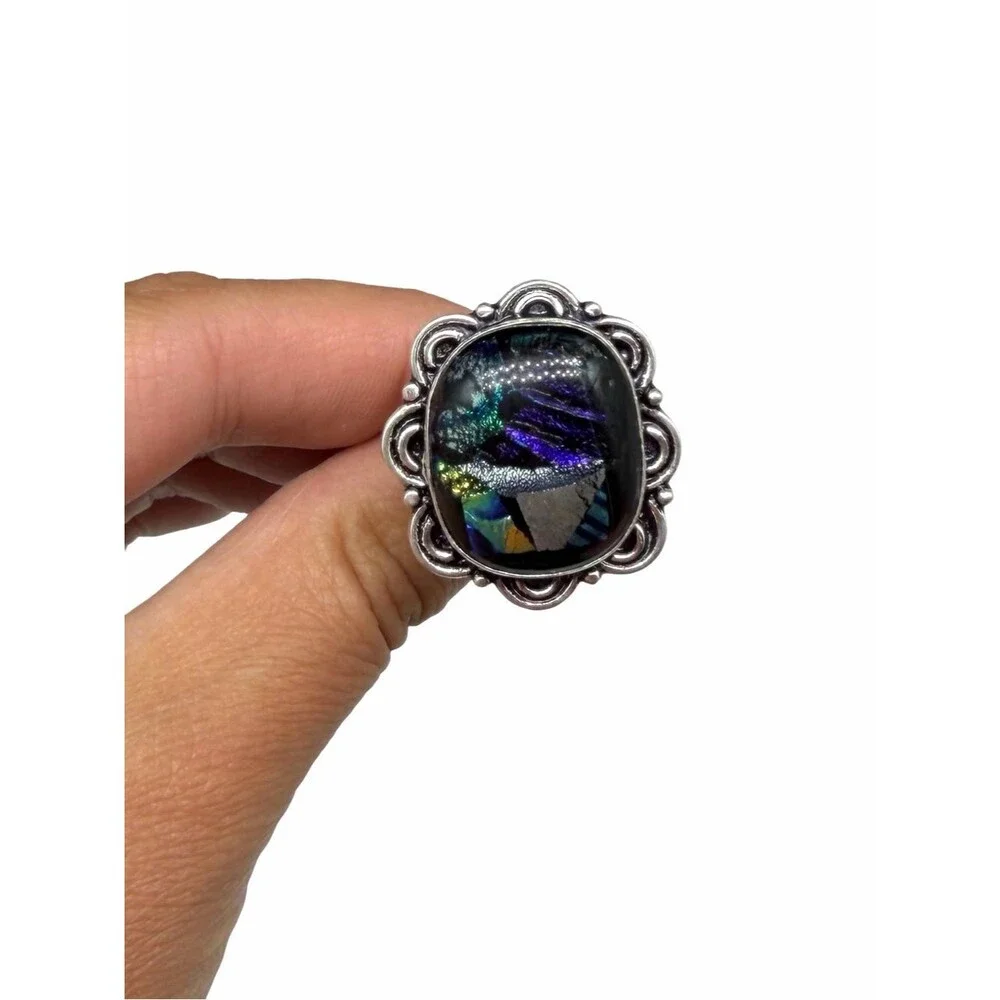 Dichroic Glass Ring Size 8 925 Sterling Silver Overlay Blue Purple Black